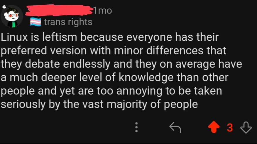 Reddit post that says: Linux is leftism because everyone has their preferred version with minor differences that they debate endlessly and they on average have a much deeper level of knowledge than other people and yet are too annoying to be taken seriously by the vast majority of people.