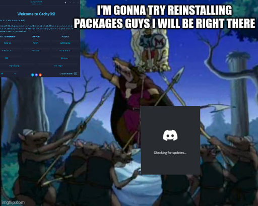 rat guys are trying to fight but the discord update nag window keeps popping up and the lead rat is trying to fix it with cachyos hello "i'm gonna try reinstalling packages guys i will be right there"