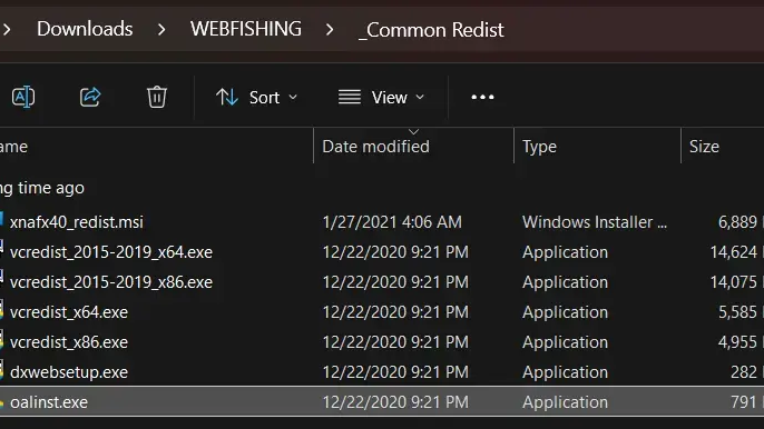 Image of my common redist folder for a downloaded game, featuring the oalinst.exe file