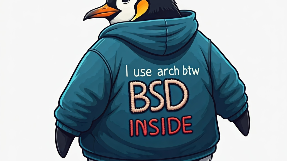 penguin with hoodie with text " I use arch btw BSD inside"