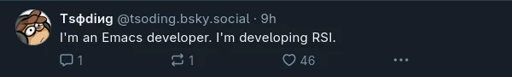 @tsoding.bsky.social‬ on Bluesky: "I'm an Emacs developer. I'm developing RSI."