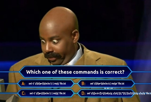 Who wants to be a millionaire meme. The candidate is looking at the question in horror which says "Which one of these commands is correct?", with 4 sed commands as options. One of them os so long it escapes the question box and even the whole picture.