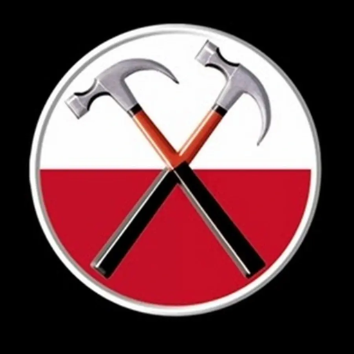 A symbol of two hammers, crossed.  The upper half of the background is solid white, and the lower half is solid red.  The hammers are red with a black handle.