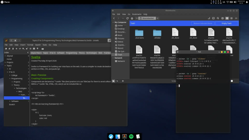 A computer desktop with a dark, skeuomorphic theme and a cool blue desert wallpaper. Three windows are open, a text editor with some information on the popular framework Svelte, a file manager showing some recently deleted files, and a terminal listing installed XLibre packages.
