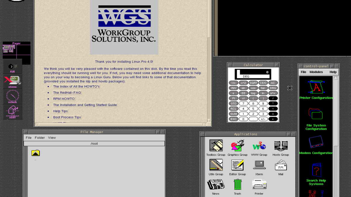 WGS Linux Pro 4.1 based on*Red Hat Linux 3.0.3 from 1997. In the center is a browser window displaying a welcome screen from Workgroup Solutions, Inc., thanking the user for installing Linux Pro 4.0. It provides links to documentation such as the RedHat-FAQ, RPM HOWTO, installation guides, and boot process tips, aimed at helping users navigate their new system.  In the top right corner, a terminal window (`xterm`) is open, showing the kernel version command (`uname -r`), revealing version `1.2.13` of the Linux kernel. To the bottom of the terminal is a graphical calculator application, providing basic and scientific calculation functions.  A vertical control panel on the far right offers access to system configuration options such as printer setup, file system configuration, and modem settings. The file manager at the bottom left displays the `/root` directory, while the bottom right holds an application menu, offering quick access to various utilities, including a text editor, terminal emulator, and mail client.