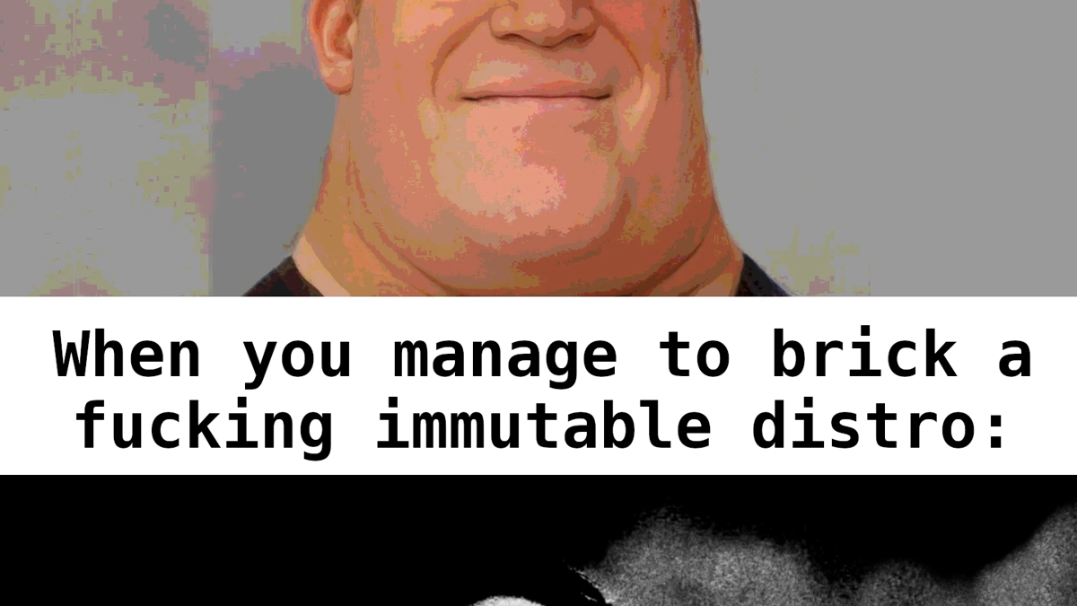 When you accidentally type in sudo rm rf: uncomfortable mr. incredible. When you manage to brick a fucking immutable distro: extra uncanny mr. incredible