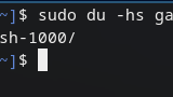 A bash prompt, with the result of "sudo du -hs games/.Trash-1000/" being "139G games/.Trash-1000/".