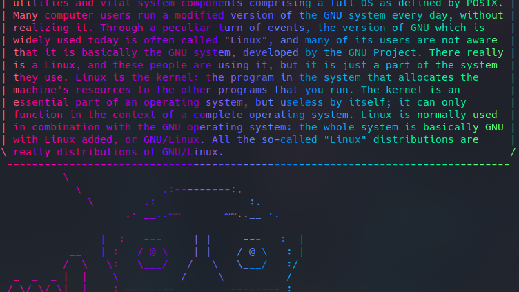 Screenshot of command `cowsay -W 80 -f ackchyually $LINUX_COPYPASTA | lolcat` output on a terminal. ASCII-art representation of  "Index Pointing Up" & "Nerd Face" emojis with speech bubble containing the famous Linux copy pasta: What you're referring to as Linux, is  in fact, GNU/Linux ....