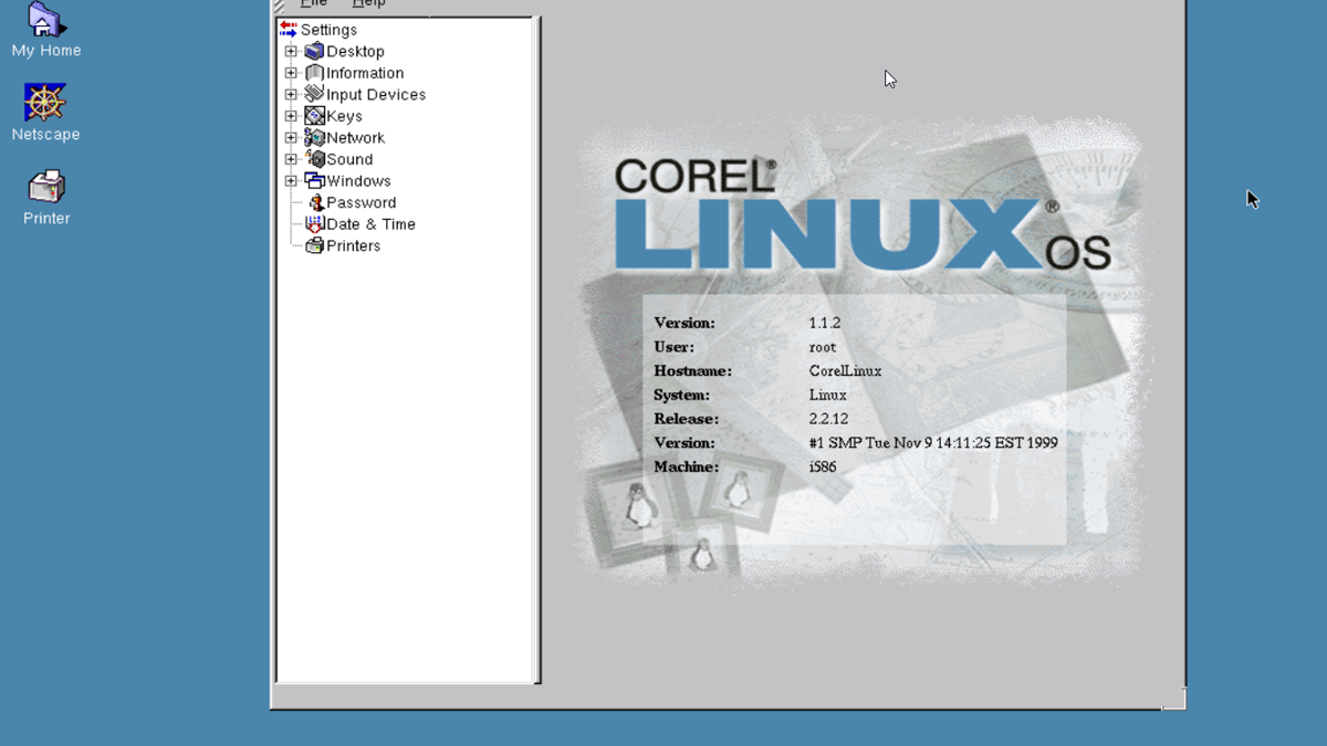 Corel Linux OS, version 1.1.2, running on Linux kernel 2.2.12. The system hostname is "CoreLinux" and it's identified as i586 architecture. The desktop features a traditional early Linux environment with a control panel open, titled "Control Center," which offers various settings categories like Desktop, Information, Network, Sound, Windows, and more. The desktop icons include shortcuts for Trash, My Home, Netscape, and Printer. At the bottom, there's a taskbar with quick-launch icons for a web browser, text editor, and help, and a clock showing "Wed Jan 01, 12:41 AM."