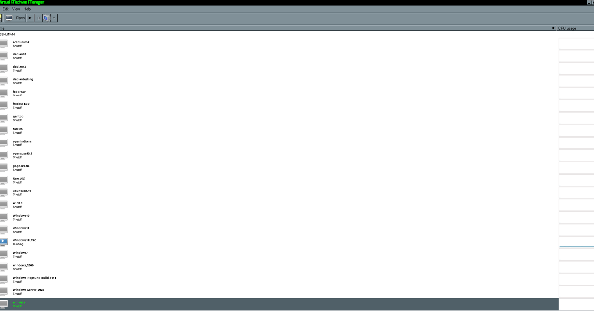 A list of VMs in Virt Manager: archlinux-2, debian10, debian12, debiantesting, fedora39, freebsd14.0, gentoo, Mac OS, openindiana, opensuse15.5, popos22.04, ReactOS, ubuntu23.10, win8.1, Windows10, Windows11, Windows11LTSC (Which is running), Windows7, windows_2000, Windows_Neptune_Build_5111, Windows_Server_2022, and winvista.
